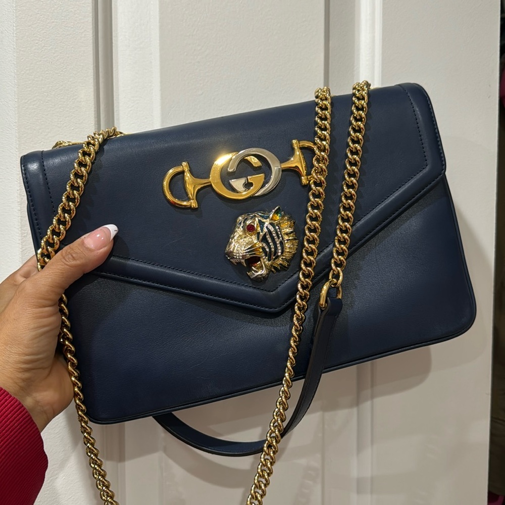 ✨Gucci Rajah Chain Shoulder Bag Leather Medium Blue Handbag Bag - Picture 2 of 16